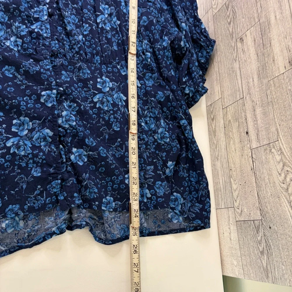 Old Navy Blouse Women XXL Blue Floral Square Neck Smocked Back Puff Sleeve